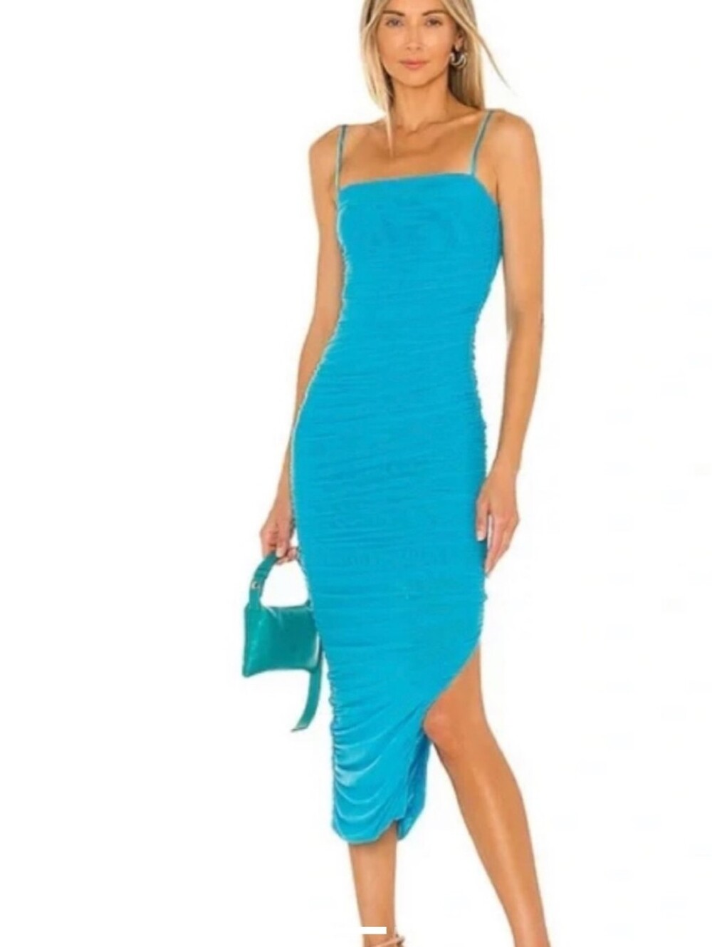 SNDYS Revolve bold blue ruched strapless Simone midi dress